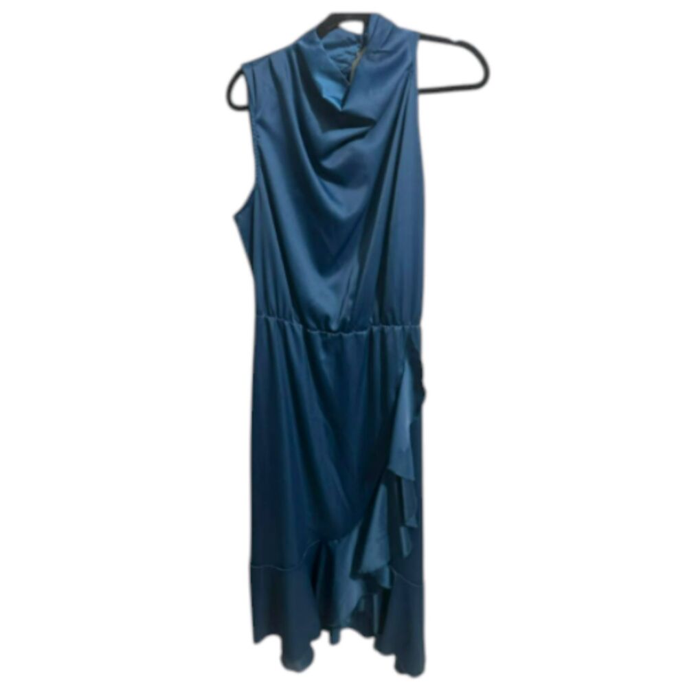 Elegant Teal Satin Ruffle Midi Dress | One-Shoulder Draped High Neck